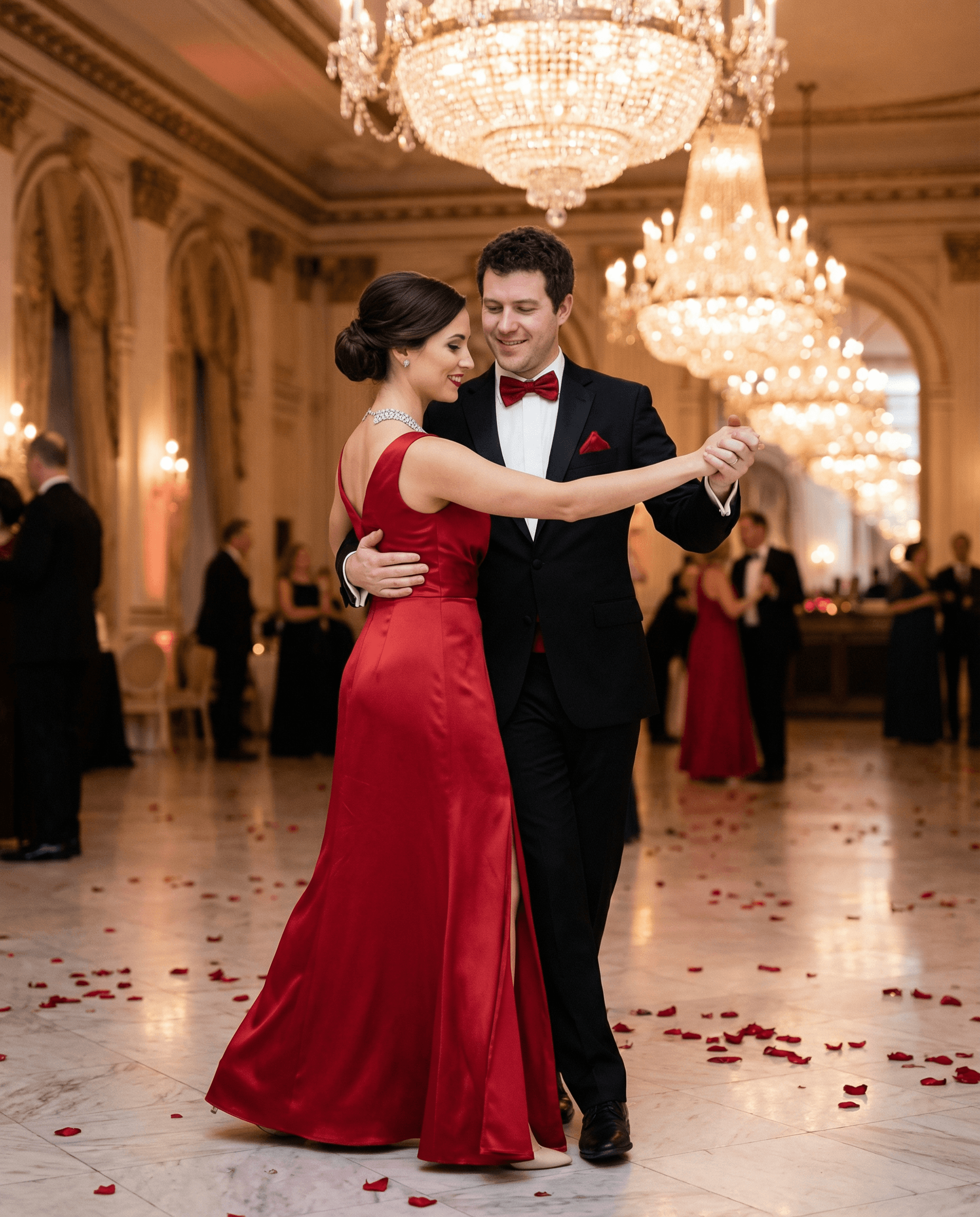 AI generated: Create an elegant photo of a couple dancing in a grand ballroom with crystal chandeliers and marble ...