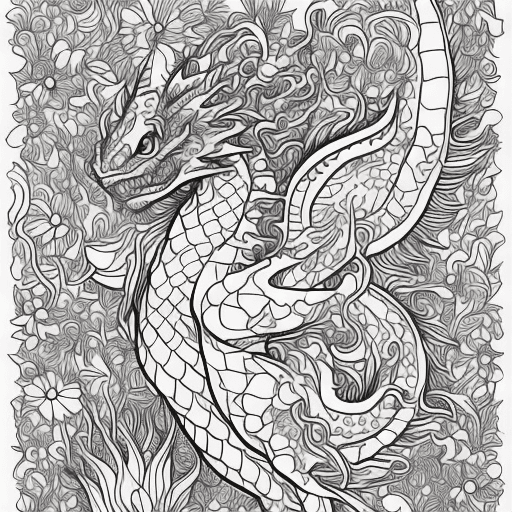 AI generated: colouring page for kids, A friendly dragon flying over a meadow of flowers, thick lines, low details...