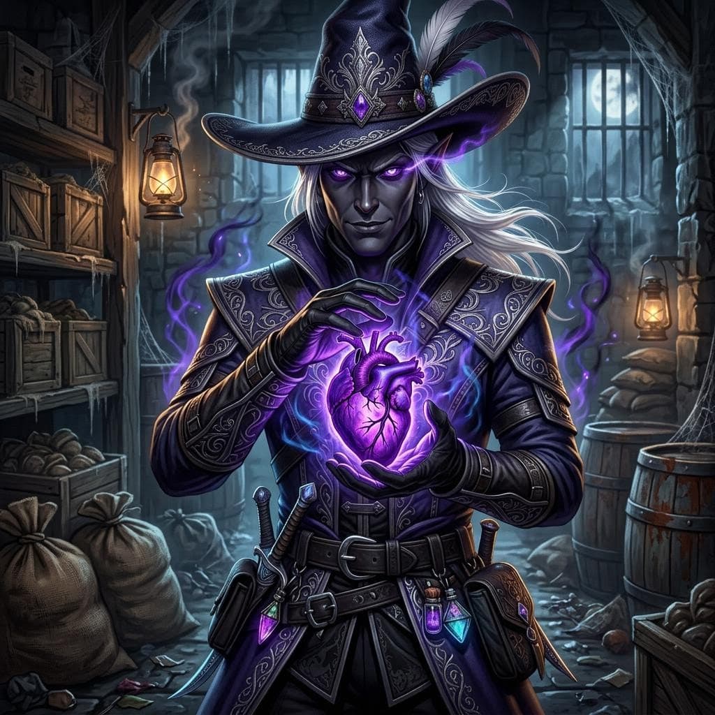 AI generated: a dark elf in a dank medieval warehouse holds in own beating heart in his hands