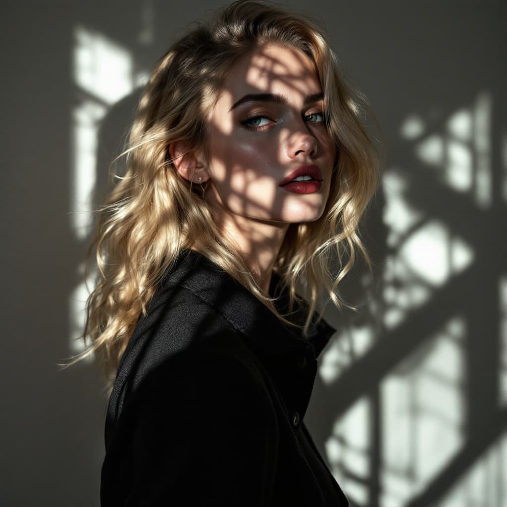 AI generated: high-resolution photograph, blonde woman, stunning use of shadows, in the syle of crisp lines and fo...