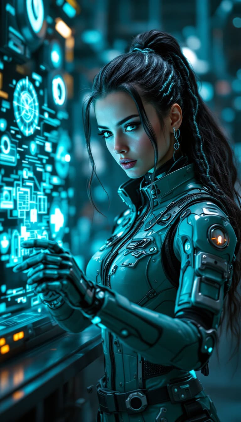 AI generated: An ultra-realistic, full-body action shot of a captivating teal engineer, exuding innovation and tec...
