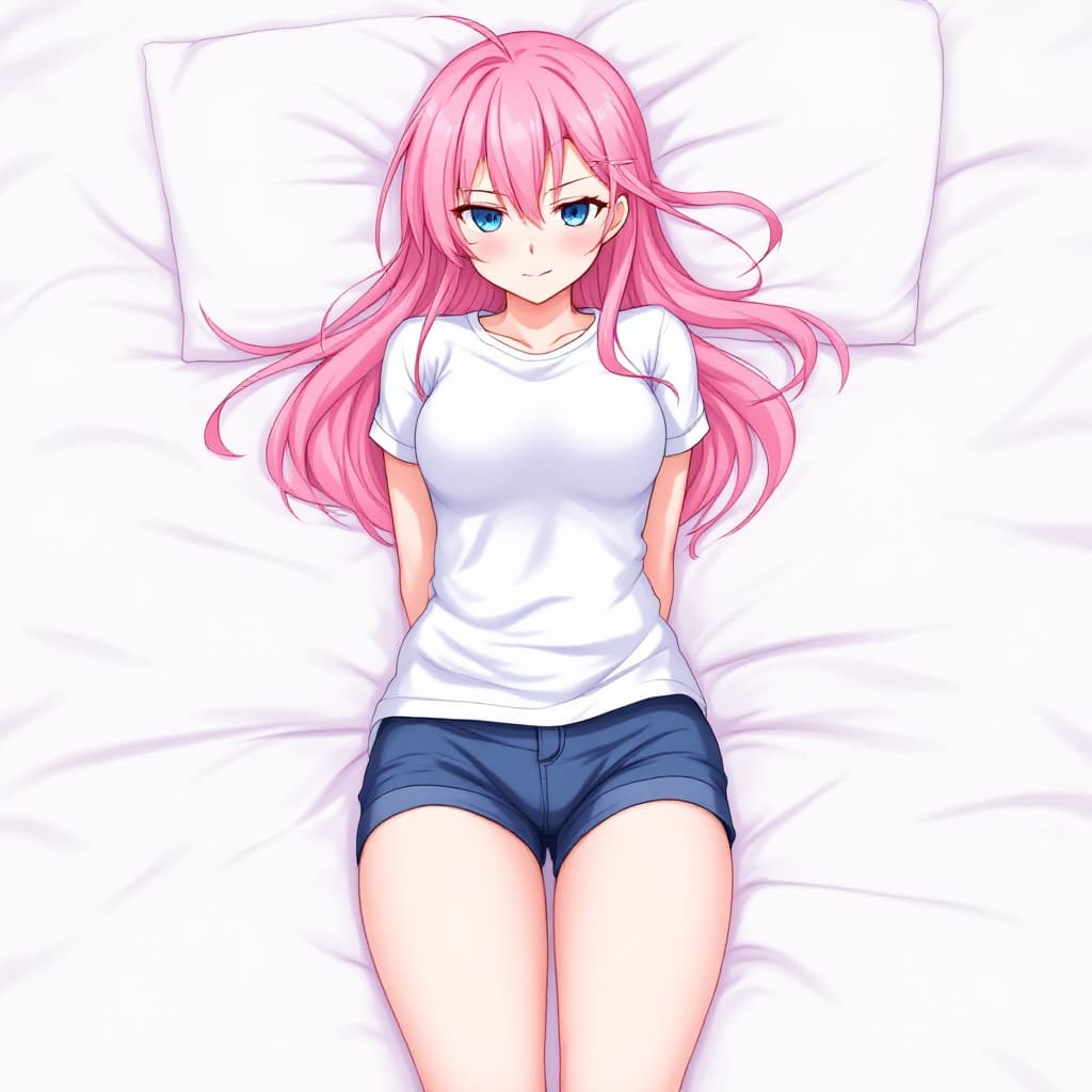 AI generated: anime, woman, pink hair, long hair, blue eyes, white t shirt, tight t shirt, blue shorts, bare feet,...