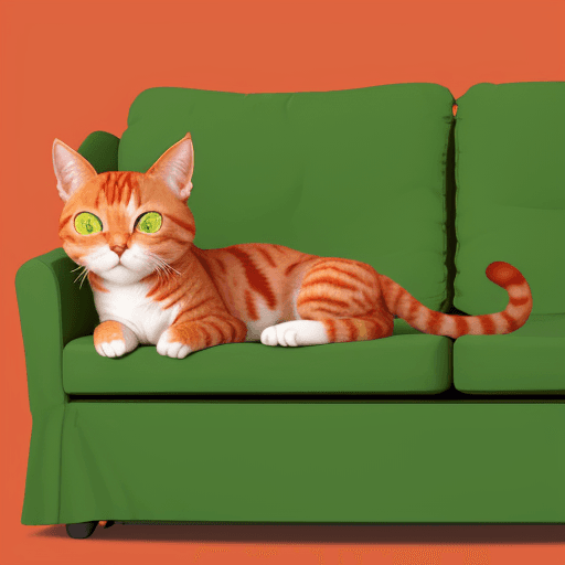 AI generated: A red cat with big eyes smiling on the couch. The sofa is light green. There are boxes next to it, a...
