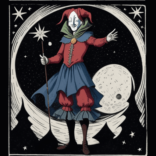 AI generated: A jester standing on a hill, stars in sky, moon with face in sky, alchemical art, medieval woodcut a...