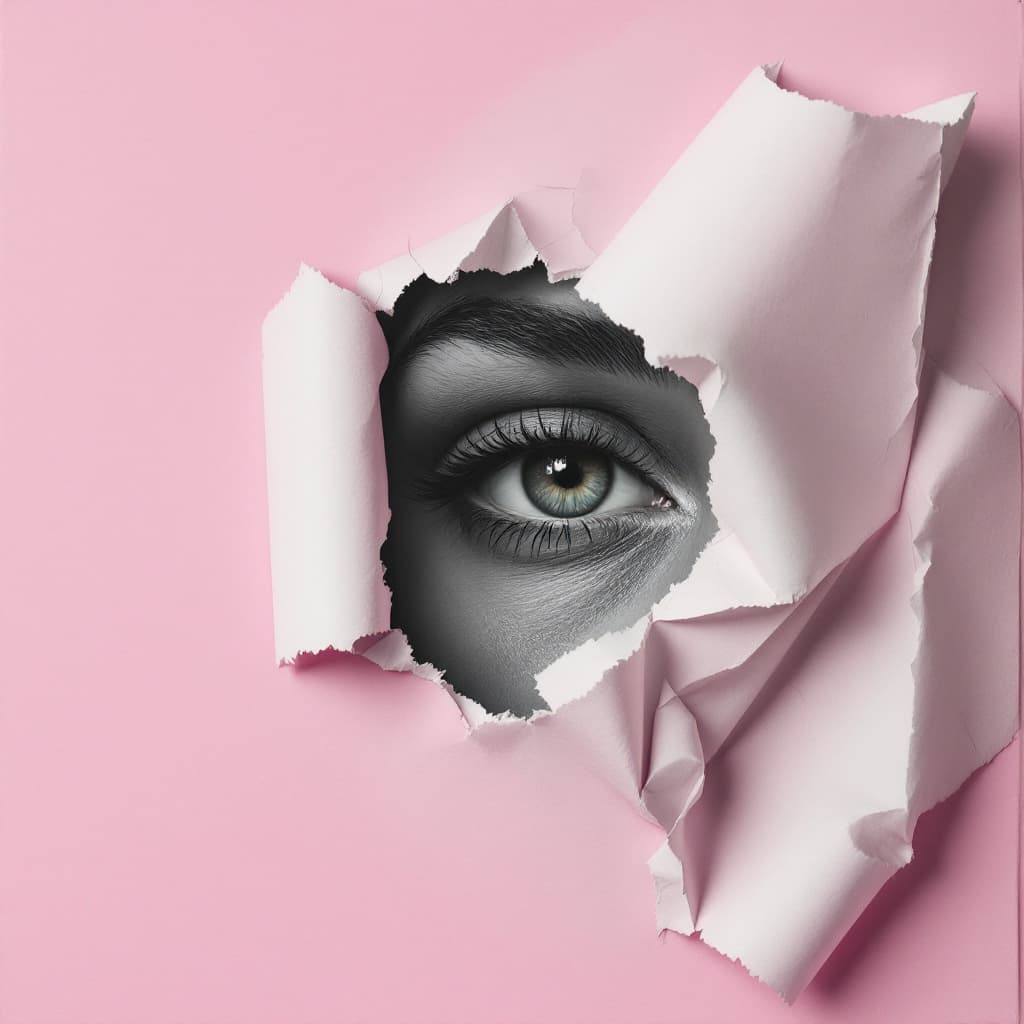 AI generated: A hyperrealistic oil painting, pink background of an eye peeking through ripped paper with the shape...