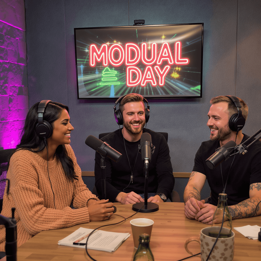 AI generated: 3 person modern day virtual podcast studio 

