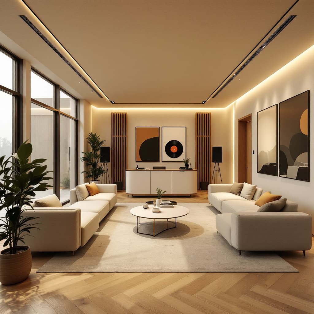 AI generated: the hall of the recording studio, the reception, the room also has sofas and coffee tables, an LED s...