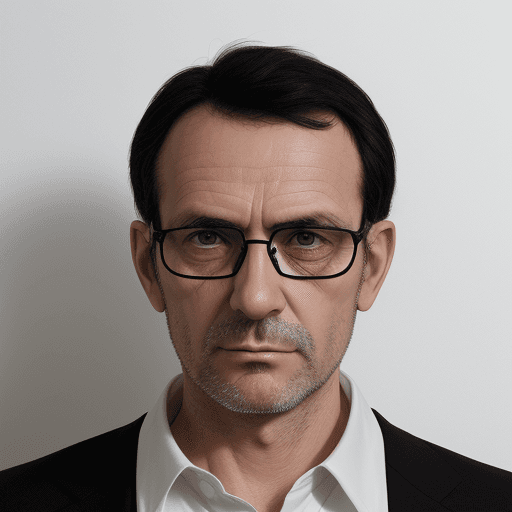AI generated: Image of a 50-year-old French man with thin face, rectangle glasses and white shirt close, black bla...