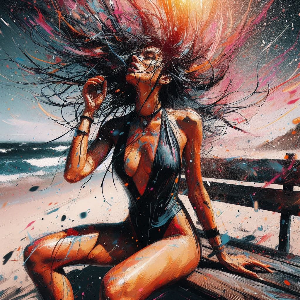 AI generated: aesthetic, painterly style, modern ink, urbanpunk, A high ground angle shot, a woman wearing swimsui...