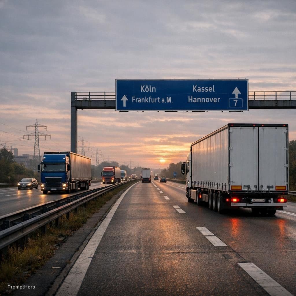AI generated: ultra realistic corporate photo of freight trucks driving on a German highway at sunrise, industrial...