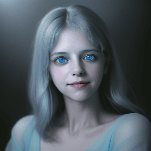 AI generated: colors, sharp light blue eyes, A soul-stirring close-up portrait of a woman, grins, her grace enhanc...