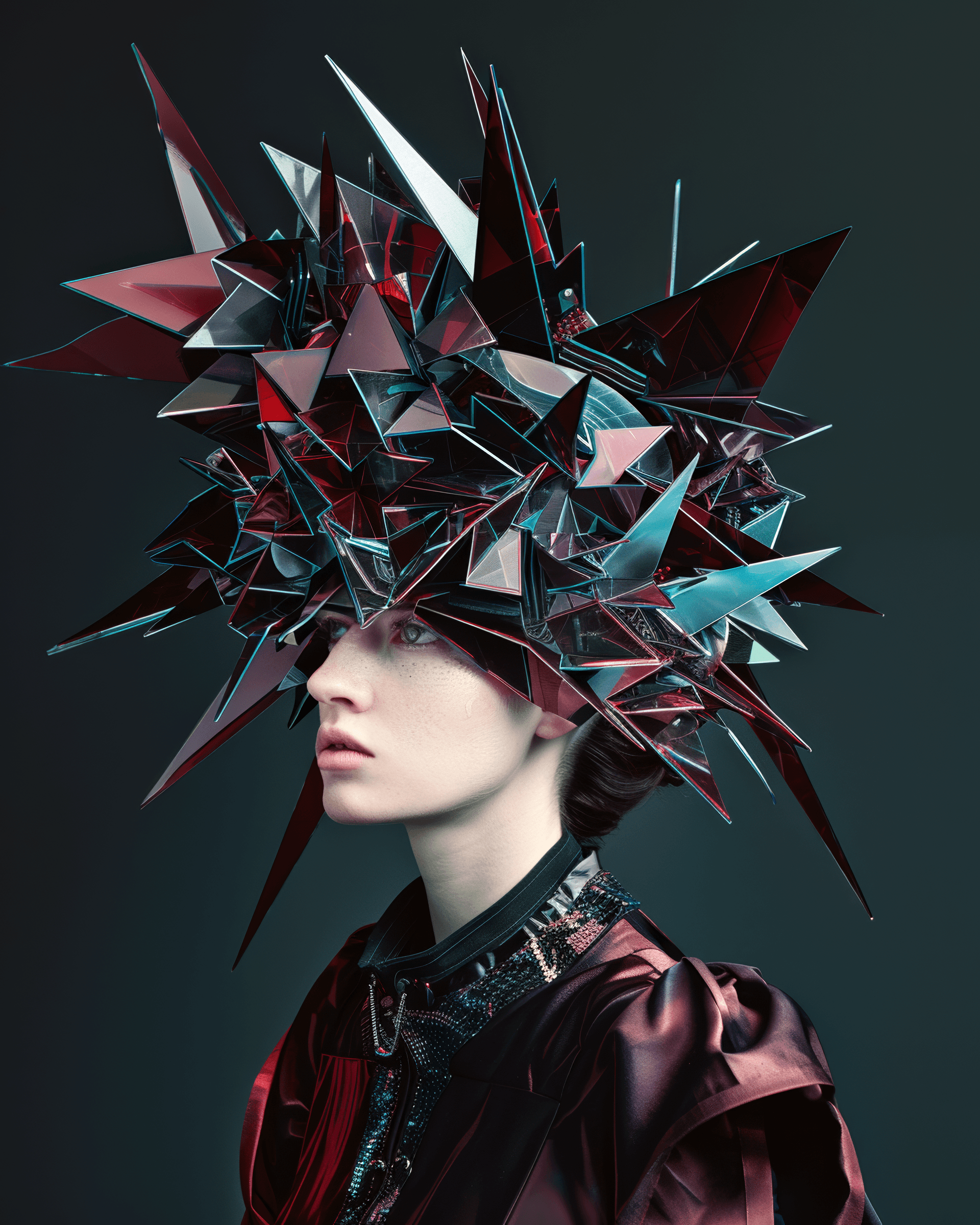 AI generated: Crazy handcrafted fashion magazine cover, professional portrait with scifi shapes, simple background...