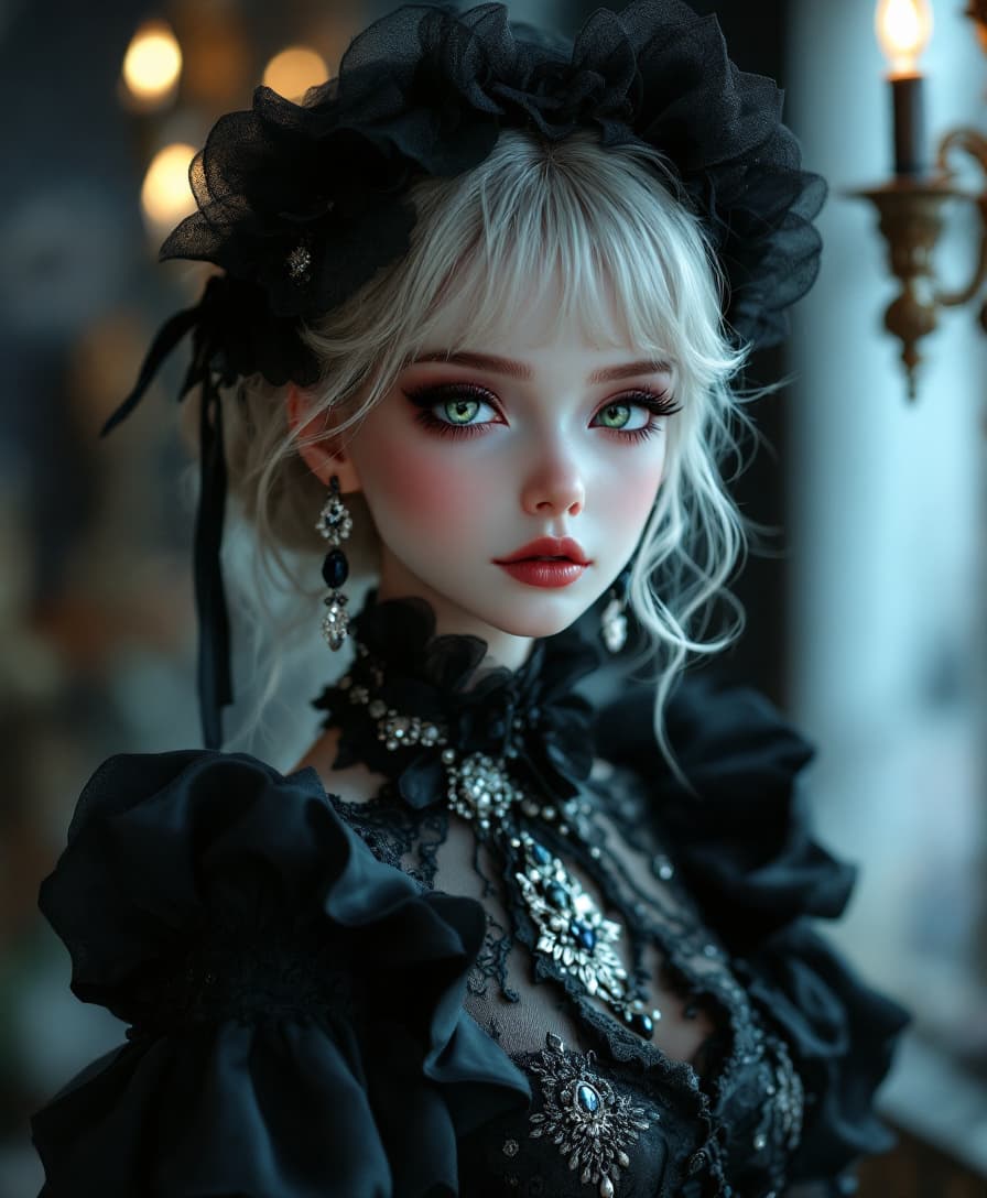 AI generated: 
A Porcelain Doll, green eyes as a Gothic Lolita Fashion Designer, displaying her elaborate creation...