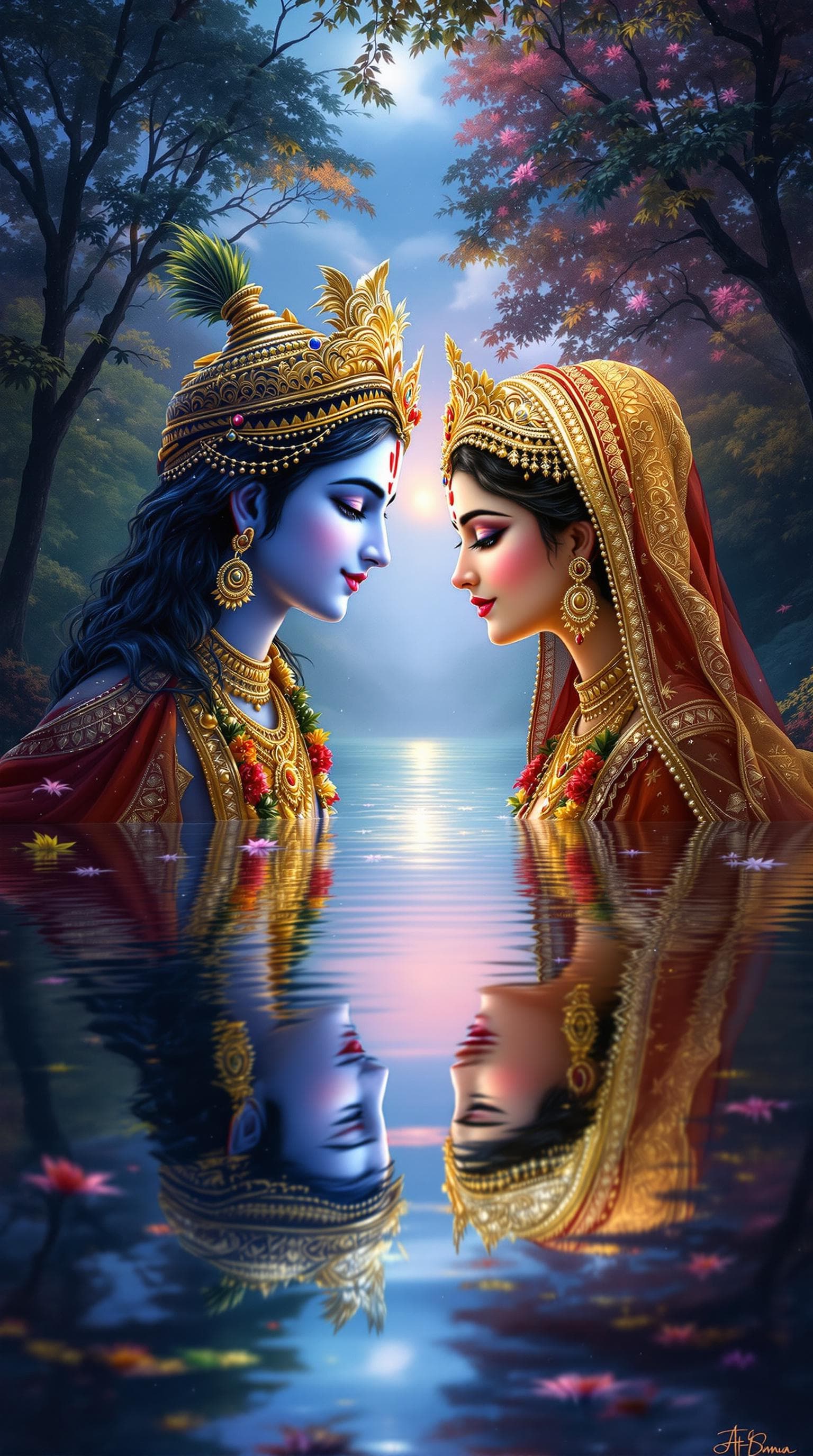 AI generated: Image Prompt: "A thought-provoking scene where Krishna and Radha are seen on opposite sides of a riv...