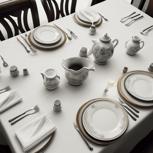 AI generated: High resolution photography; view from above dining room table, elegant dinner, white sugar in bowls...