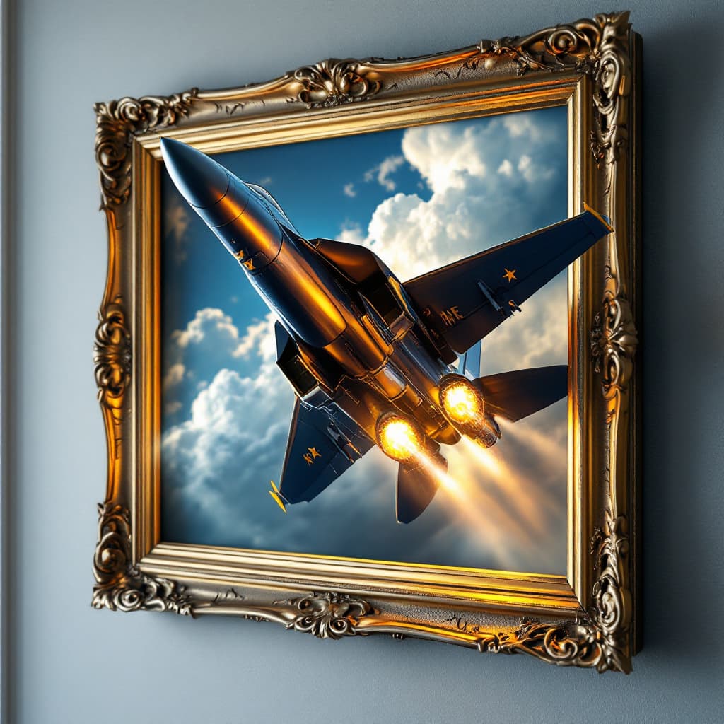 AI generated: A highly realistic 3D depiction of a navy blue FA-18 fighter jet bursting out of an ornate, gold-tri...