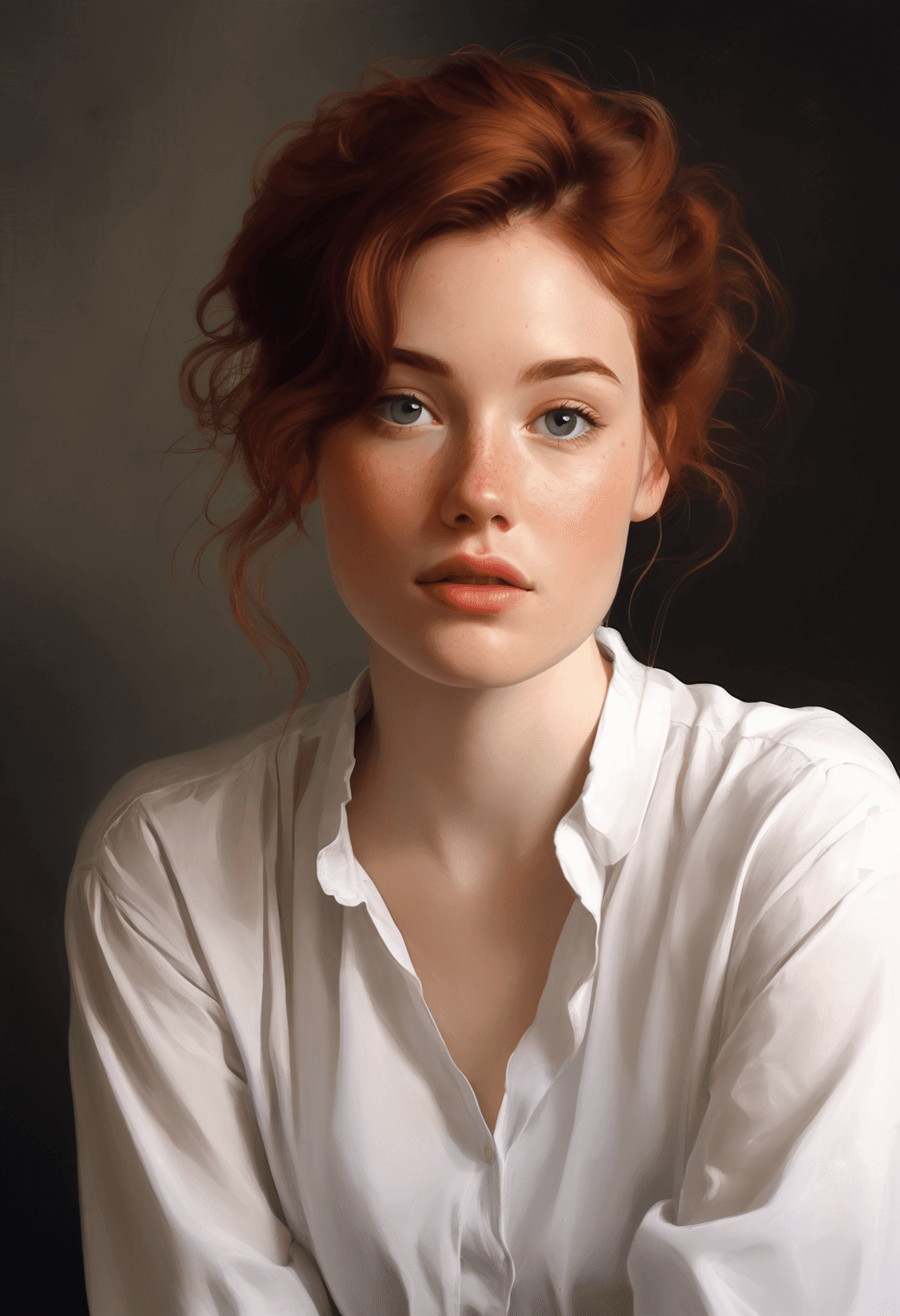 AI generated: An image of a woman with shoulder-length, wavy red hair and an introspective expression. Her head is...
