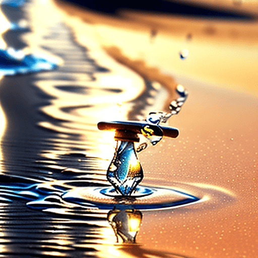 AI generated: A single water droplet falling from a tap onto golden sand.