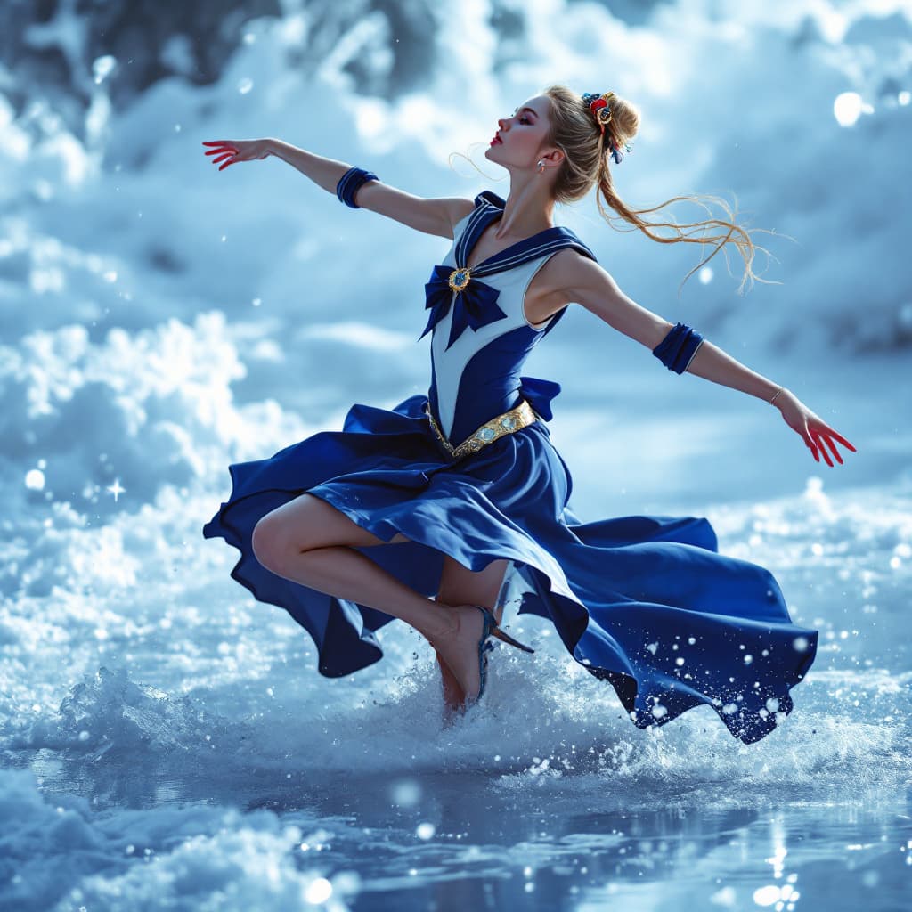 AI generated: Full length shot (FLS) of a beautiful Sailor Moon ice dancing, photorealistic, Hasselblad Camera, 8k...