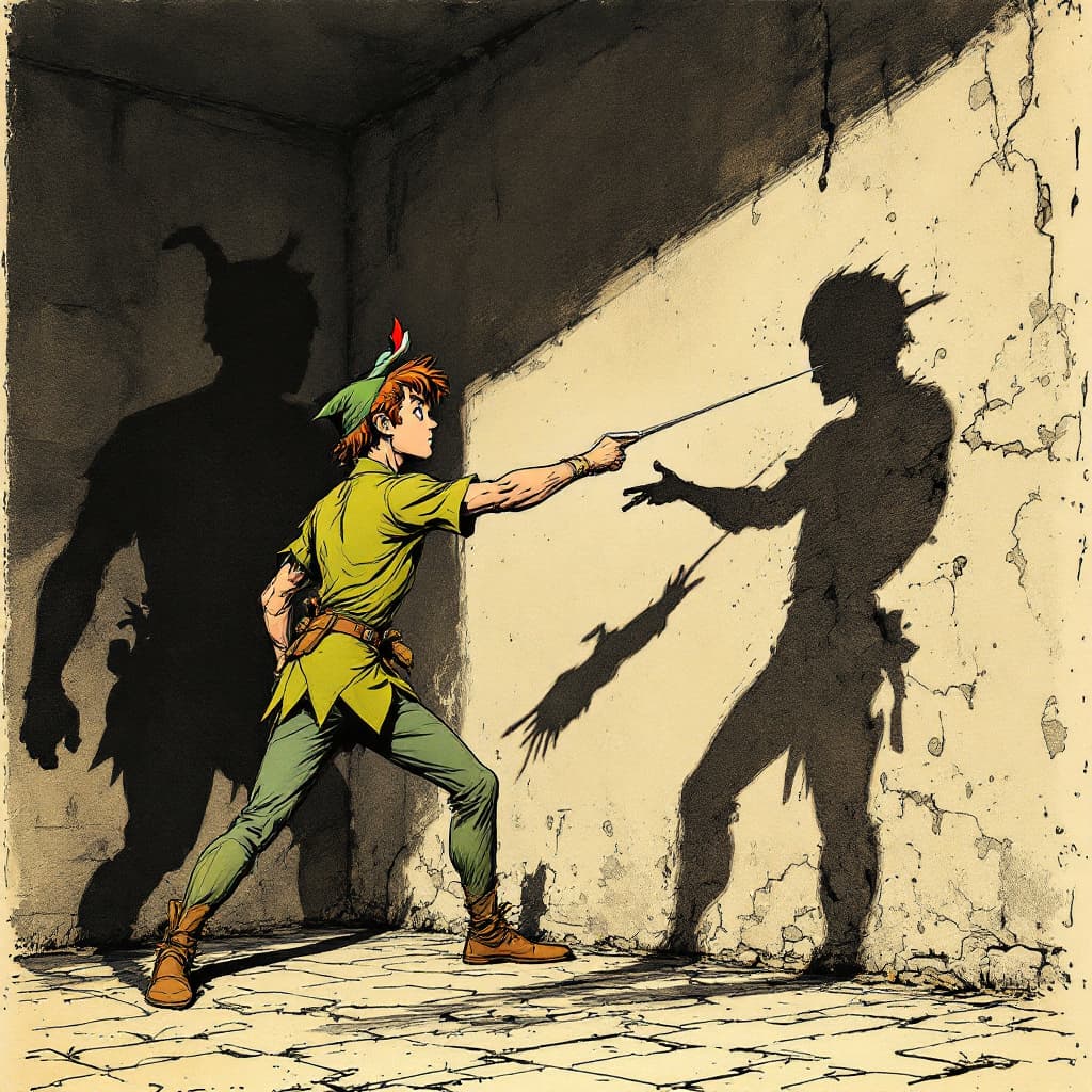 AI generated: Photorealistic comic book cover illustration, full body shot of peter pan fencing with his shadow ag...