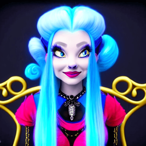 AI generated: still photo of Jinx from Arcane. With blue hair, Sitting on a throne, high quality detail, rendered ...