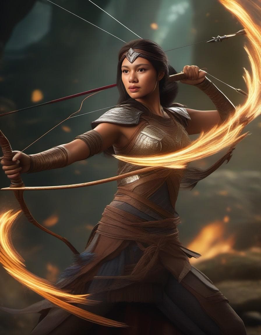 AI generated: a dynamic, action-packed composition featuring Neith wielding her powerful bow and weaving threads o...