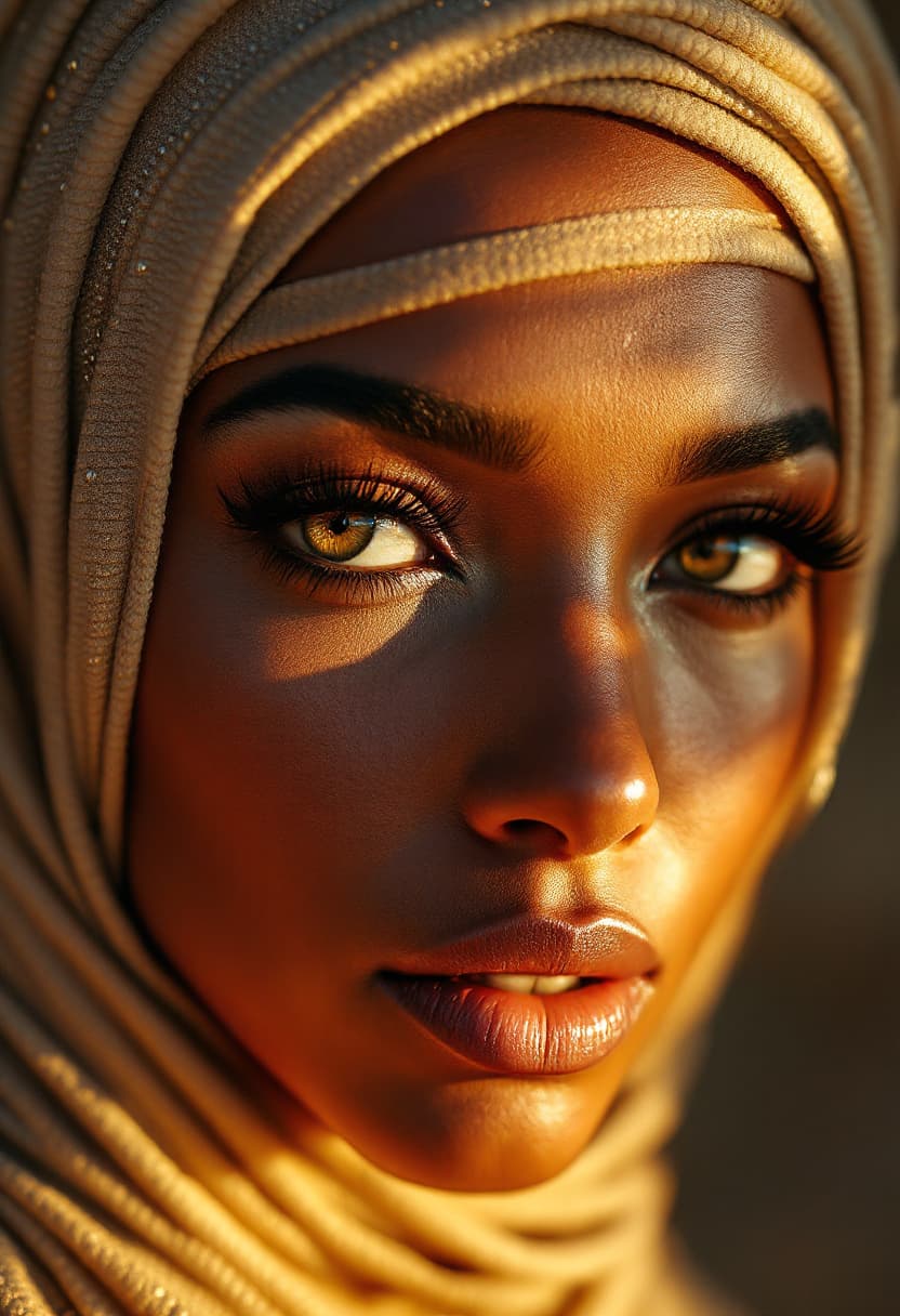AI generated: A regal Touareg woman's face masked is illuminated by soft, golden light, her striking features acce...