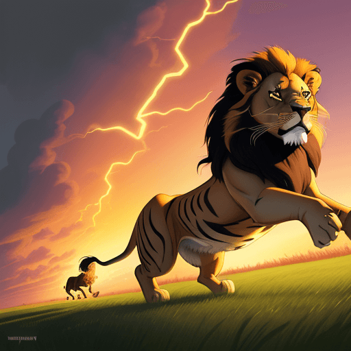 AI generated: Fearless lion, sprinting across the grasslands, with sleek body and lightning speed, by Pixar Animat...