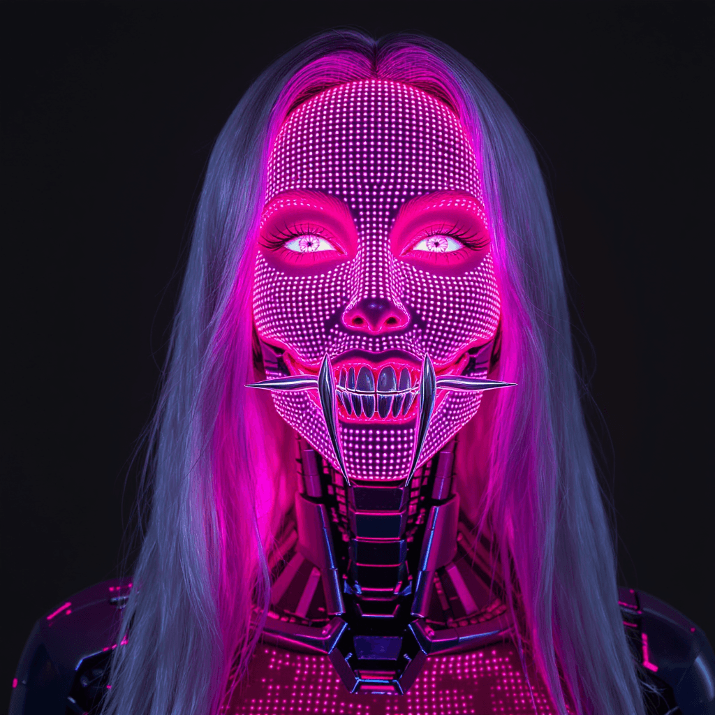 AI generated: robotic woman with long metallic fangs as teeth, with a neon pink holographic screen, long white hai...