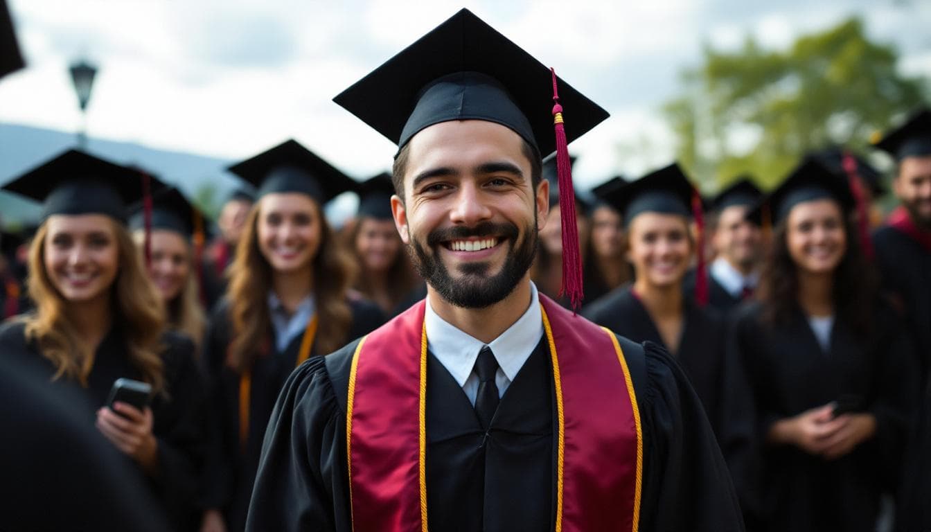 AI generated: A Extreme long shot of a group of people,Man in the middle, smiling on her graduation ceremony day a...