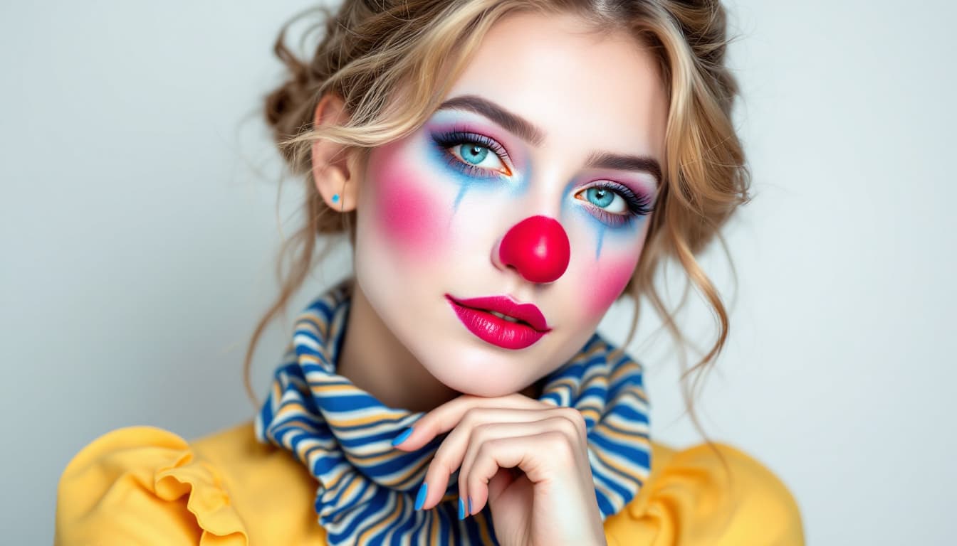 AI generated: Female portrait, young adult, fair skin, with clown makeup. Wavy blonde hair tied in a loose bun. De...