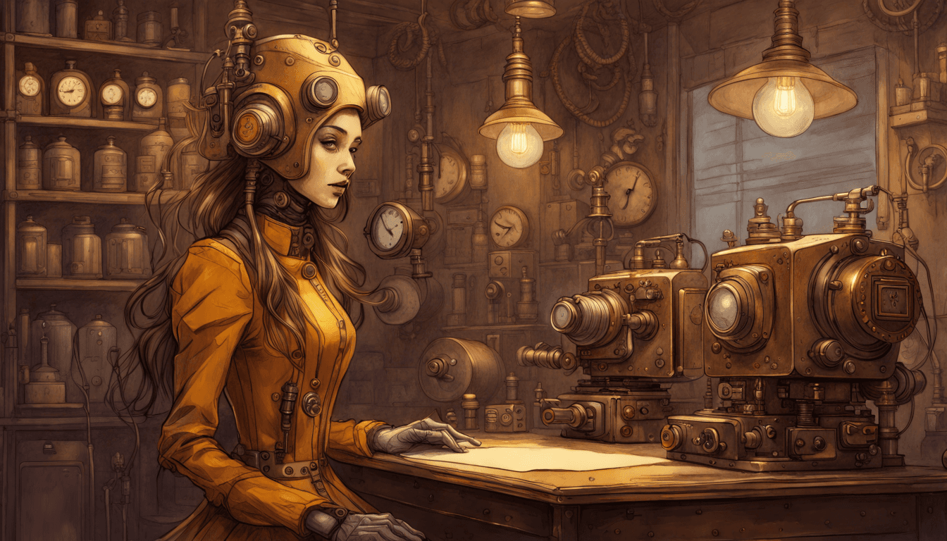 AI generated: drawing of a little 1960 steampunk toy robot, ochre-colored, in a steampunk store, chiaroscuro, extr...