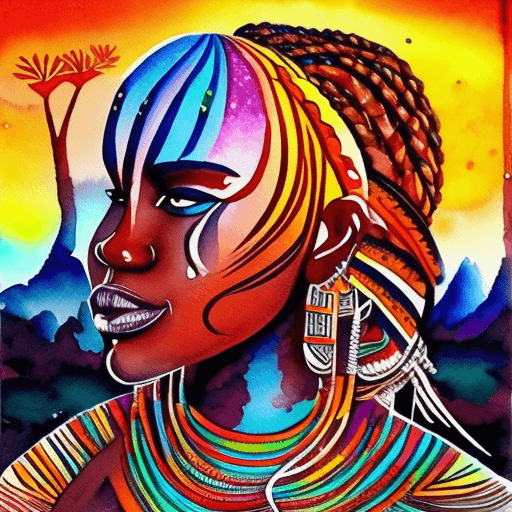 AI generated: watercolor Tribal art African women Painting, Sunset Scenery Acrylic Painting, Tribal painting , 3d ...