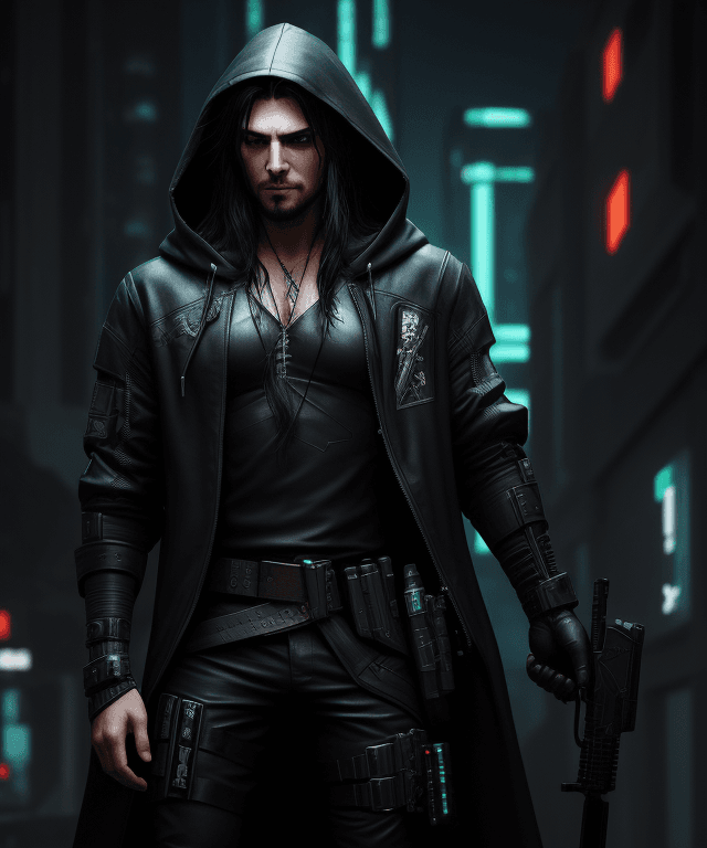 AI generated: Cyberpunk, robin hood, heavy pistol, stylish,  dark clothes, black long hair, male, kapiszon, high r...