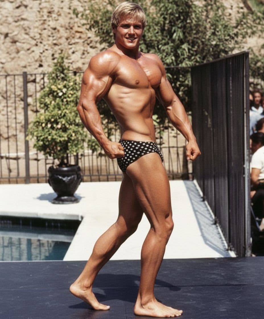 AI generated: Male 20-year-old blonde  bodybuilder with huge voluptuous bulging chest muscles, wearing a thong, Fl...