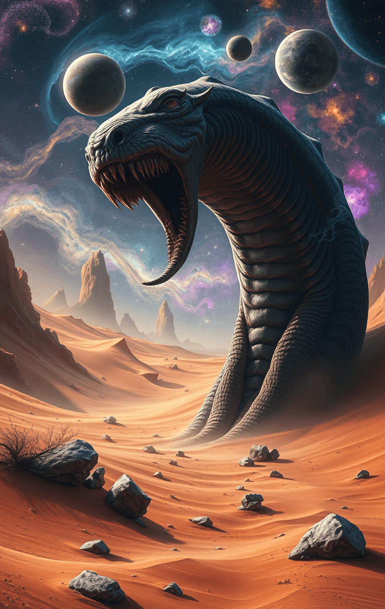 AI generated: Dune enormous big worm in desert, scary teeth, surrounded by galaxies and stars, creating an otherwo...
