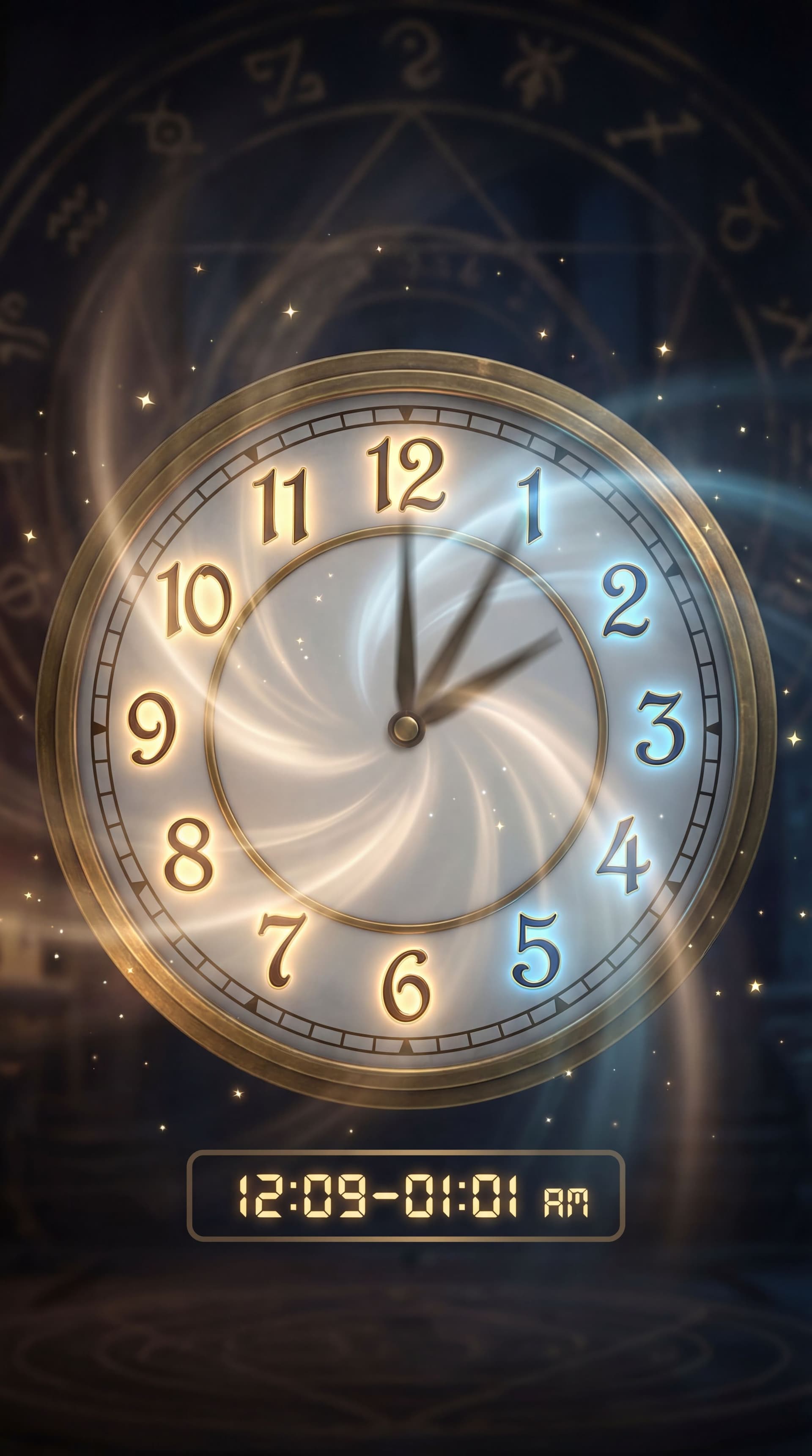 AI generated: Close-up glowing clock face showing 12:09–01:01 AM, mystical light rays, star particles, dramatic fo...