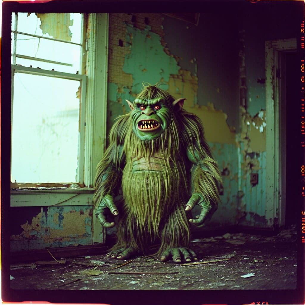 AI generated: grainy 80's photograph quality polaroid of a bogtroll caught in an abandoned house, dark