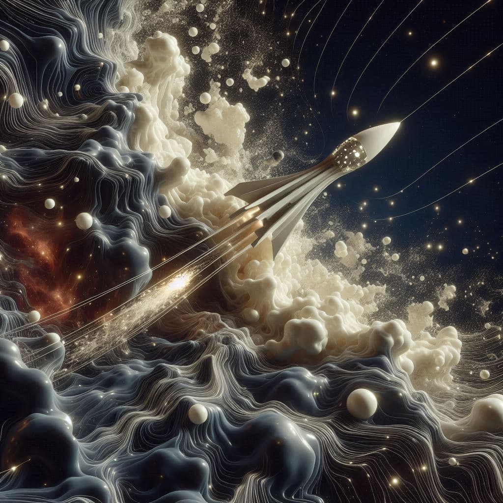 AI generated: Big in the foreground is a fluidic bionic spaceship made of marble. The universe is a barely visible...