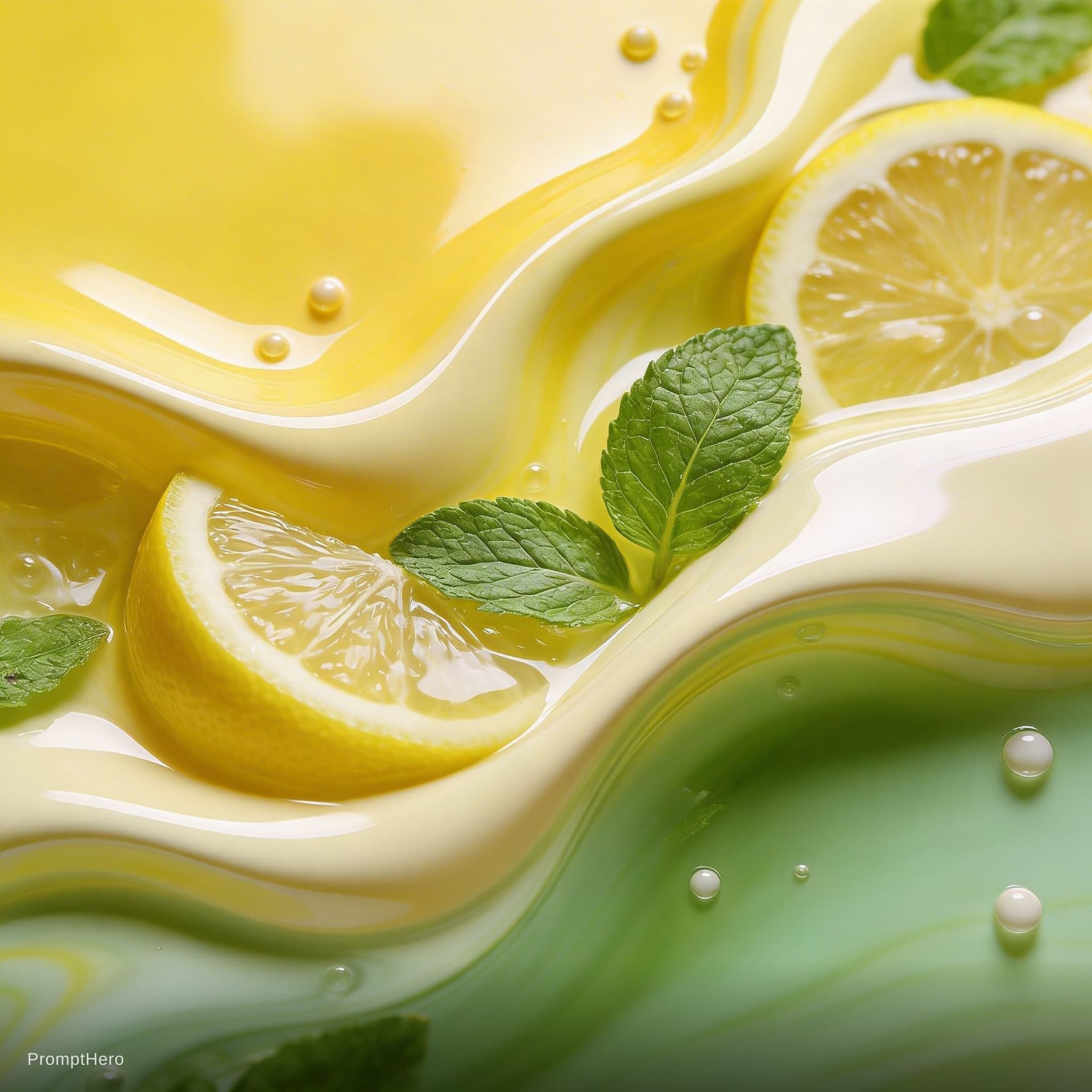 AI generated: A high-end abstract fluid composition featuring a harmonious blend of fresh lemon and mint elements....