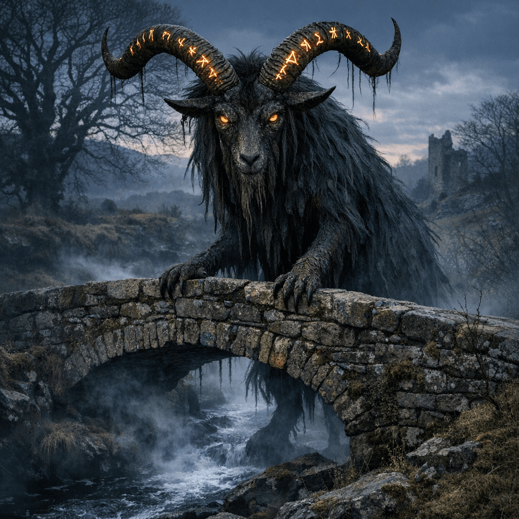 AI generated: dark twisted goat creature standing on ancient stone bridge, curved horns with glowing runes, intell...