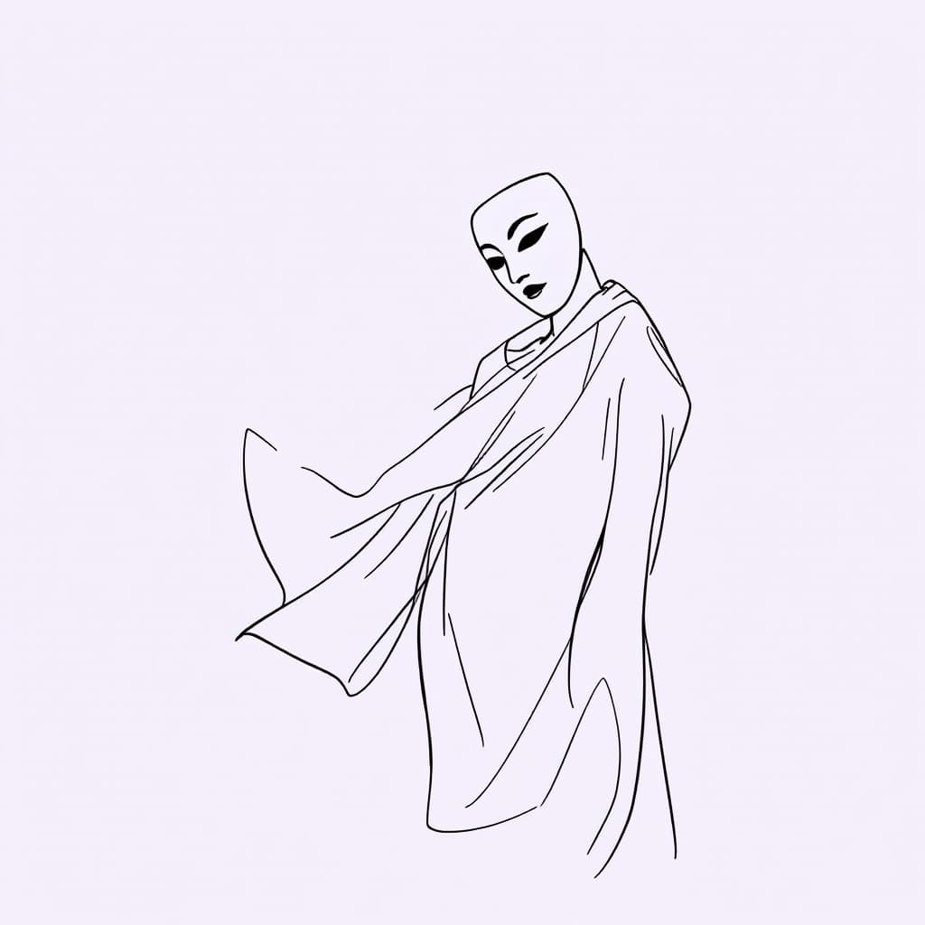 AI generated: minimalist line art drawing of a theatre masks, sketched in continuous black lines against a plain, ...
