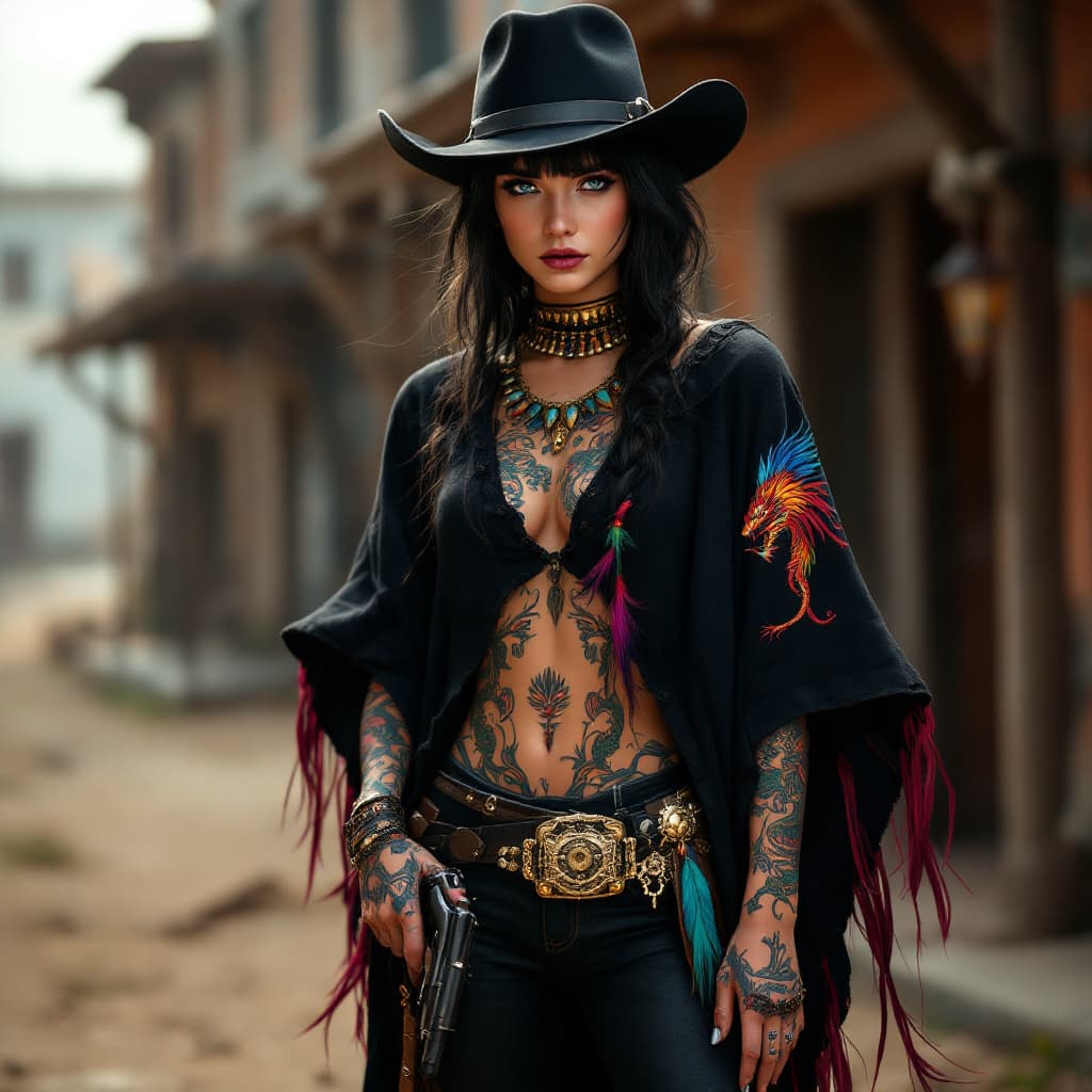 AI generated: Full body photo HD beautiful girl standing old west street, wearing a black Stetson with brim just a...