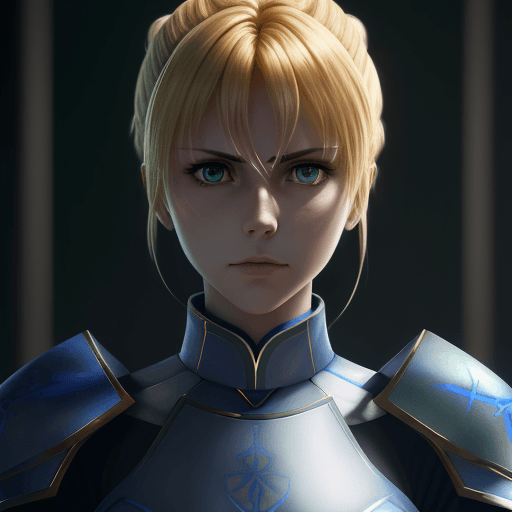 AI generated: the portrait of saber from fate zero with green eyes, in the style of unreal engine 5, blue and yell...