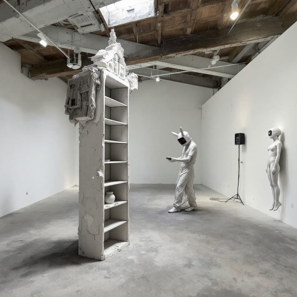 AI generated: Generates an image showing an space in prespective, seen from top to bottom. The exhibition is in a ...