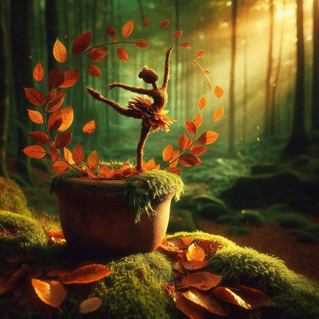 AI generated: A whimsical miniature figure crafted from delicately arranged autumn leaves dances gracefully on the...