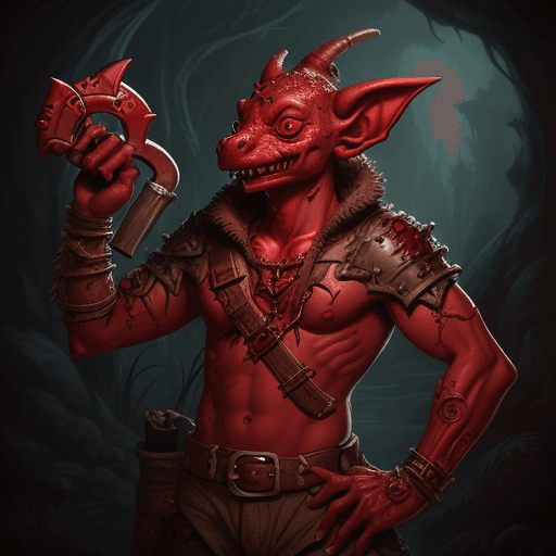 AI generated: Fantasy, DND, kobold, male, red skin, red eyes, holding wrench, messy, detailed face
