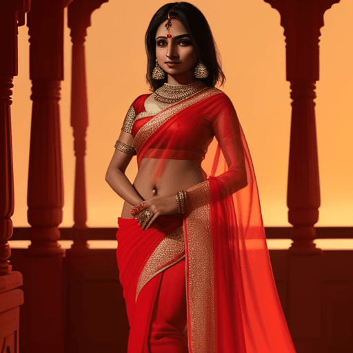 AI generated: Indian Women in sunset view of elegant red color design saree 