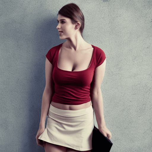 AI generated: A 28 years old woman wearing a short skirt
 with a big chest