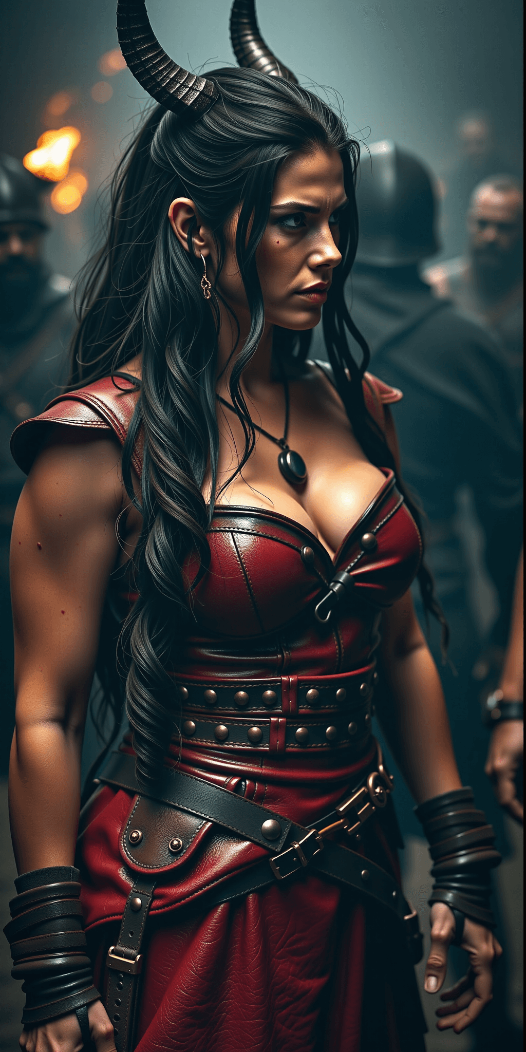 AI generated: A fierce warrior woman with long, dark hair cascading over her shoulders stands in a dimly lit, evil...